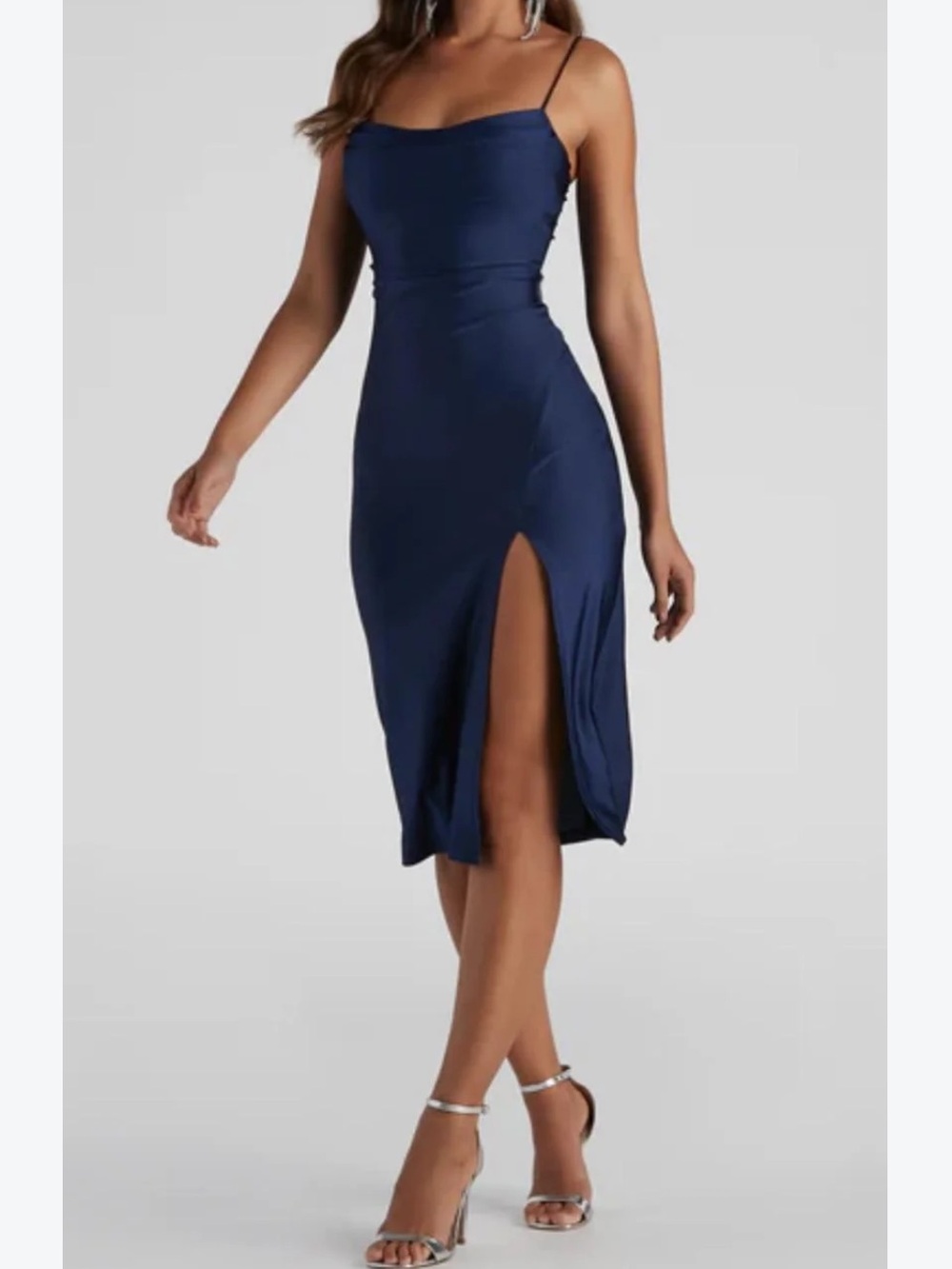 Babyboo Cassie Midi Dress in navy blue elegant, silhouette-hugging cocktail Sz M